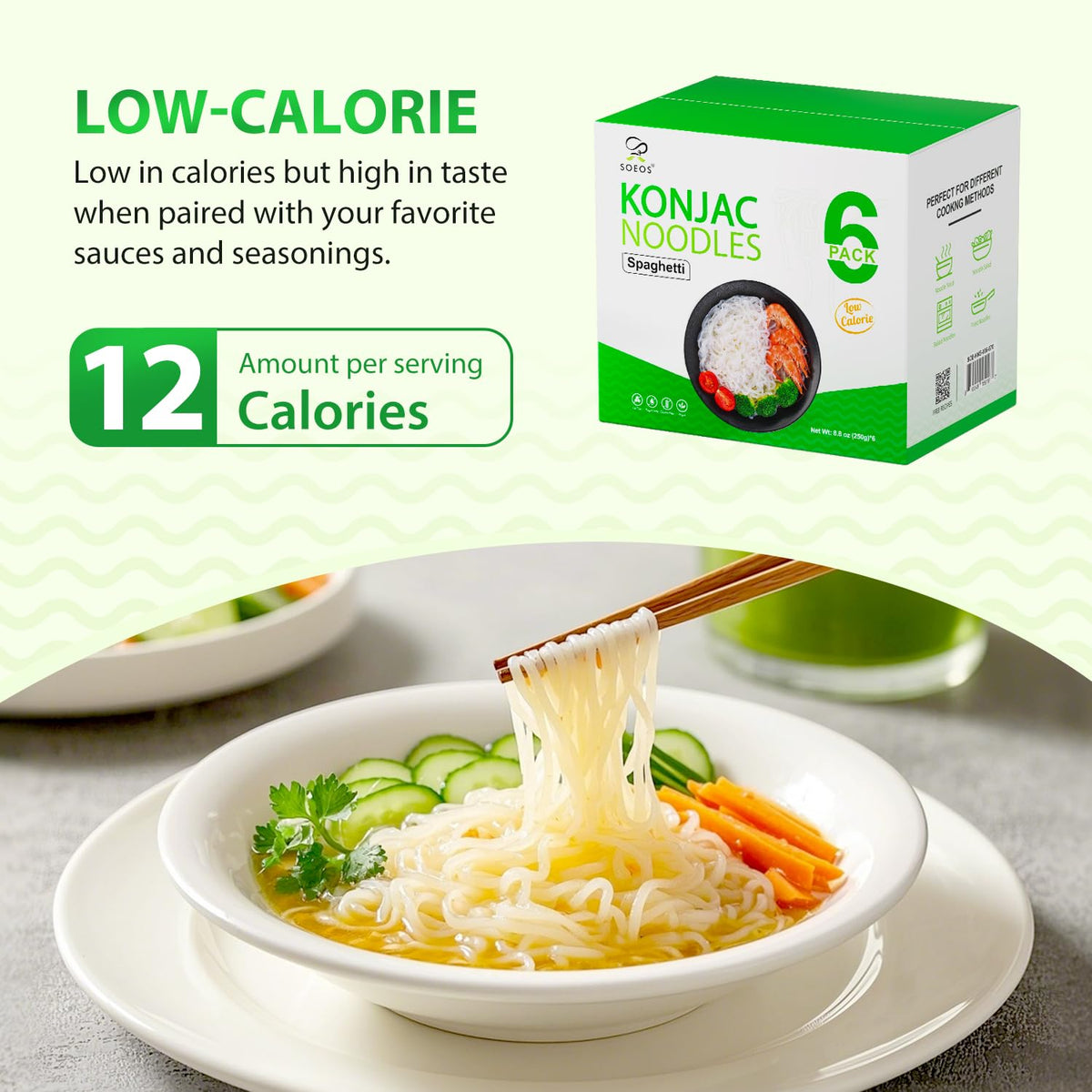 Soeos Konjac Noodles on plate shows a neutral base that carries sauces.