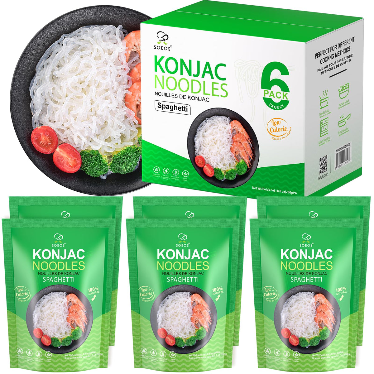 Soeos Konjac Noodles spaghetti pack 6x250g, ideal for low-calorie meals.