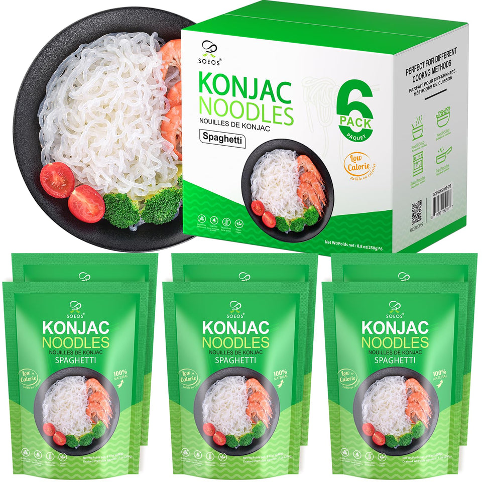 Soeos Konjac Noodles spaghetti pack 6x250g, ideal for low-calorie meals.