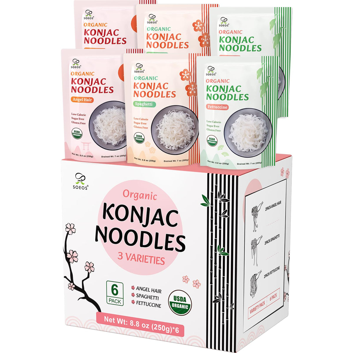 Soeos Konjac Noodles spaghetti pack highlighting low-calorie pasta option