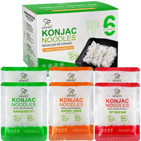 Soeos Konjac Noodles Spaghetti package showing low calorie, versatile dinner option.