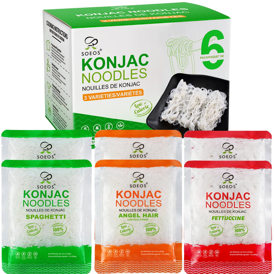 Soeos Konjac Noodles Spaghetti package showing low calorie, versatile dinner option.