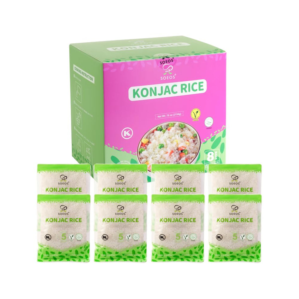 Soeos Konjac Rice 8-pack box displayed as a versatile kitchen staple for low-carb meals.