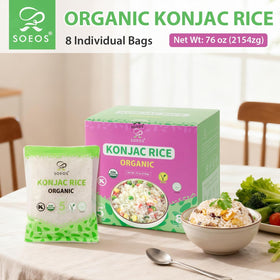 Cooked Soeos Konjac Rice served in a bowl, ready to absorb sauces and flavor.