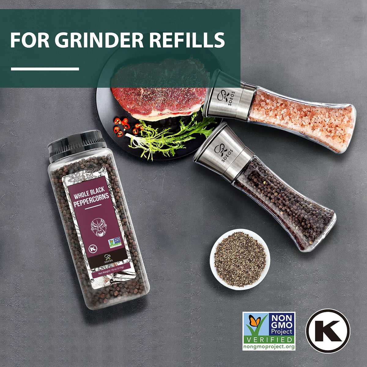 Soeos kosher-certified peppercorns suitable for kosher kitchens