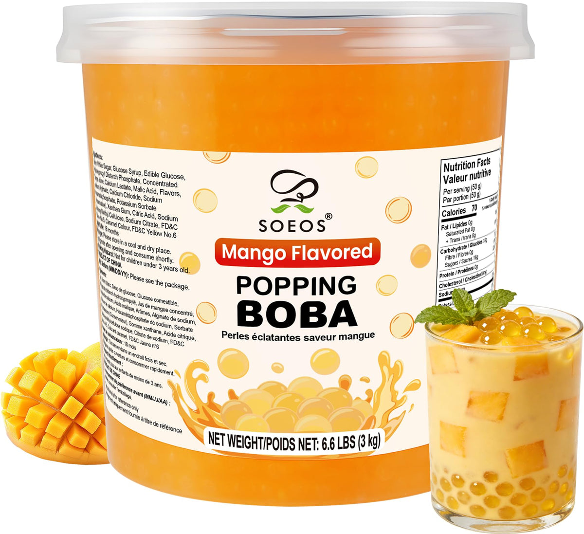 Soeos Mango Popping Boba in a 6.6 lb pack ready for bubble tea.