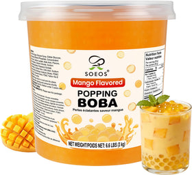 Soeos Mango Popping Boba in a 6.6 lb pack ready for bubble tea.