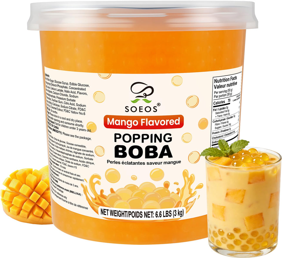 Soeos Mango Popping Boba in a 6.6 lb pack ready for bubble tea.