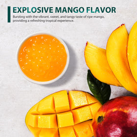 Soeos Mango Popping Boba in tea for a mango aroma and pop.