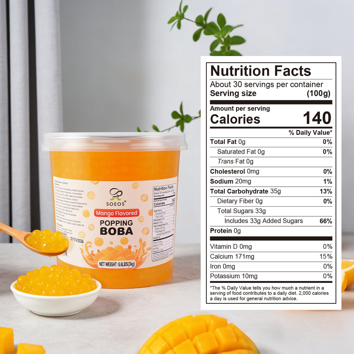 Soeos Mango Popping Boba stored in a bulk resealable container.