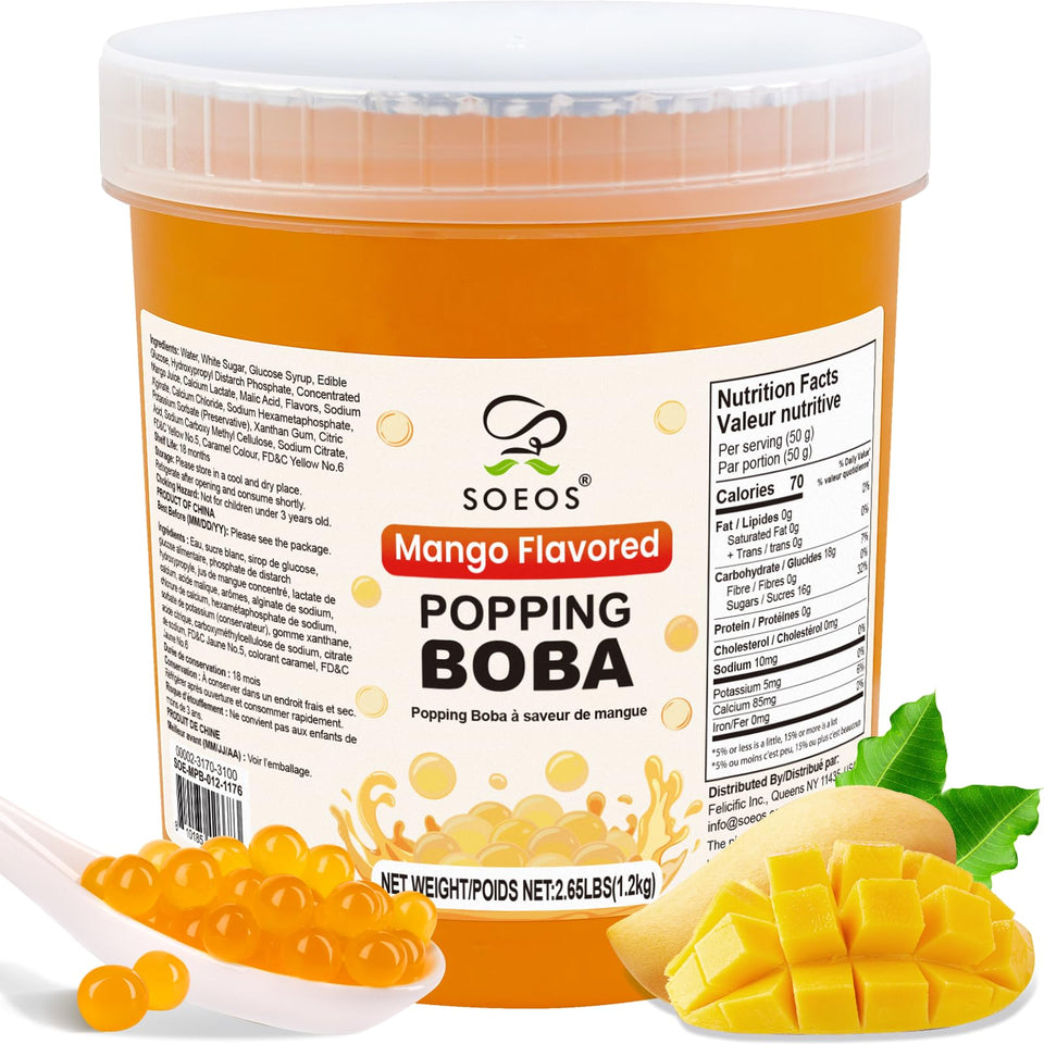 Soeos Mango Popping Boba Pearls 2.6 lb pack ideal for bubble tea and desserts.