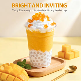 Soeos Mango Popping Boba Pearls in bubble tea for a juicy mango burst.