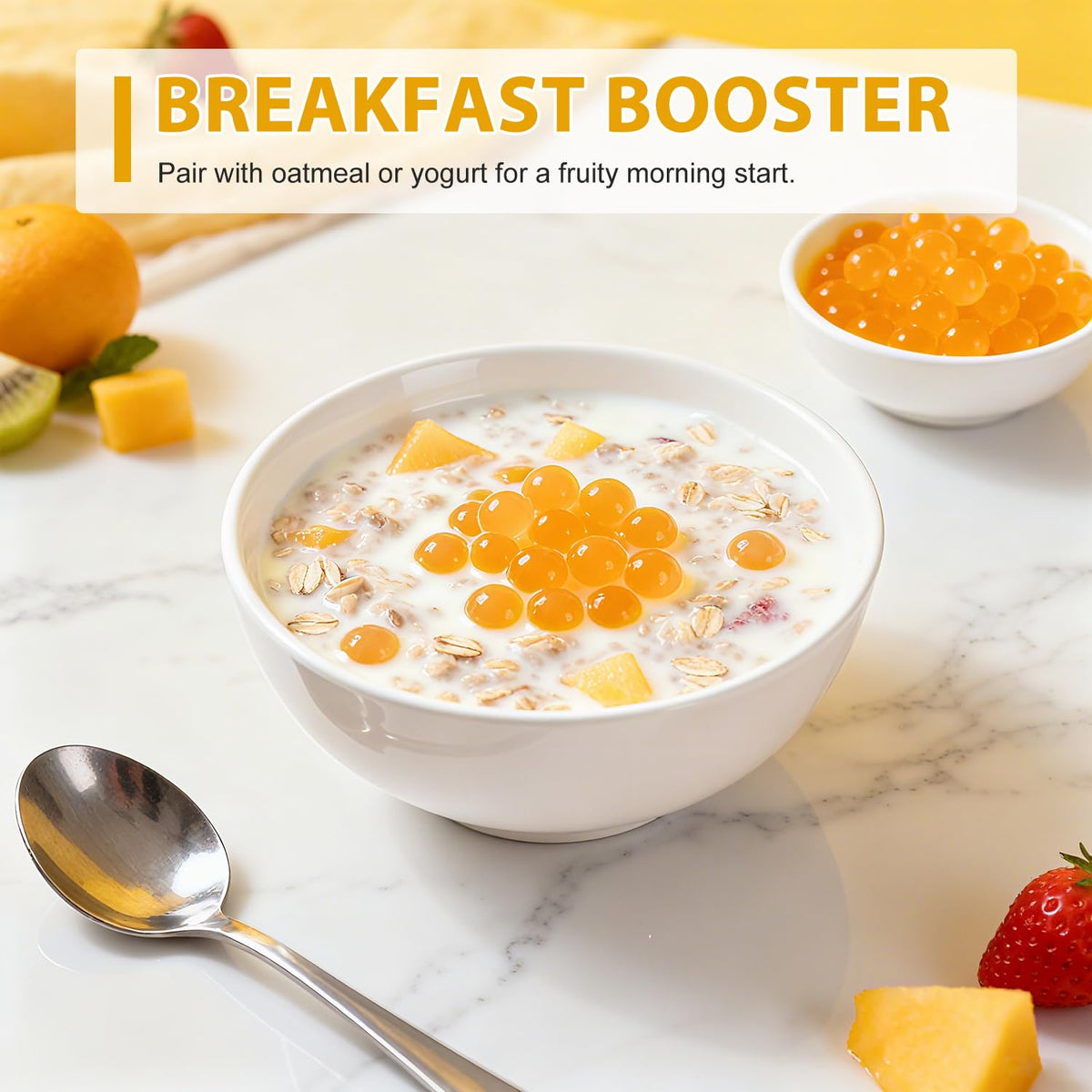 Soeos Mango Popping Boba Pearls enhances cocktails and fruit bowls with mango flavor.