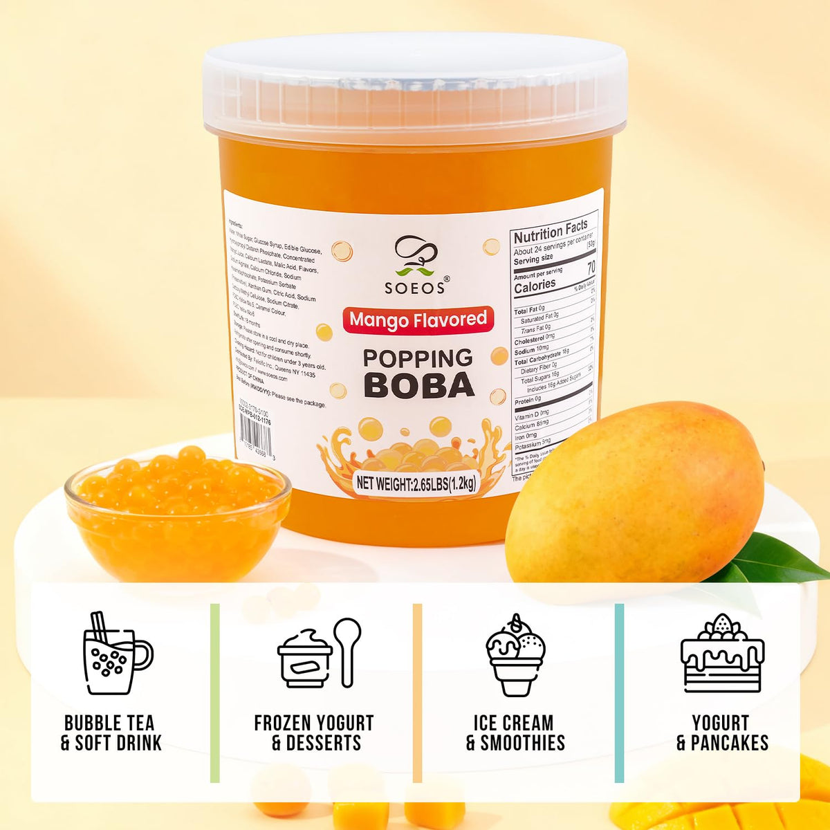 Soeos Mango Popping Boba Pearls in a resealable jar for easy serving.