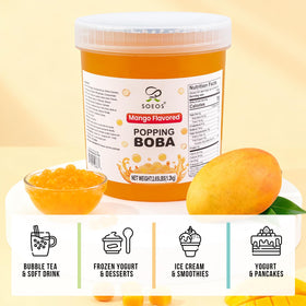 Soeos Mango Popping Boba Pearls in a resealable jar for easy serving.