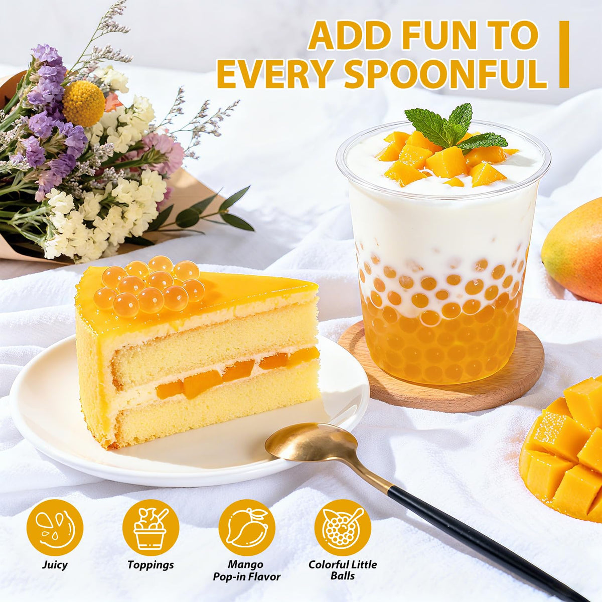 Soeos Mango Popping Boba Pearls outer membrane texture adds playful pop.