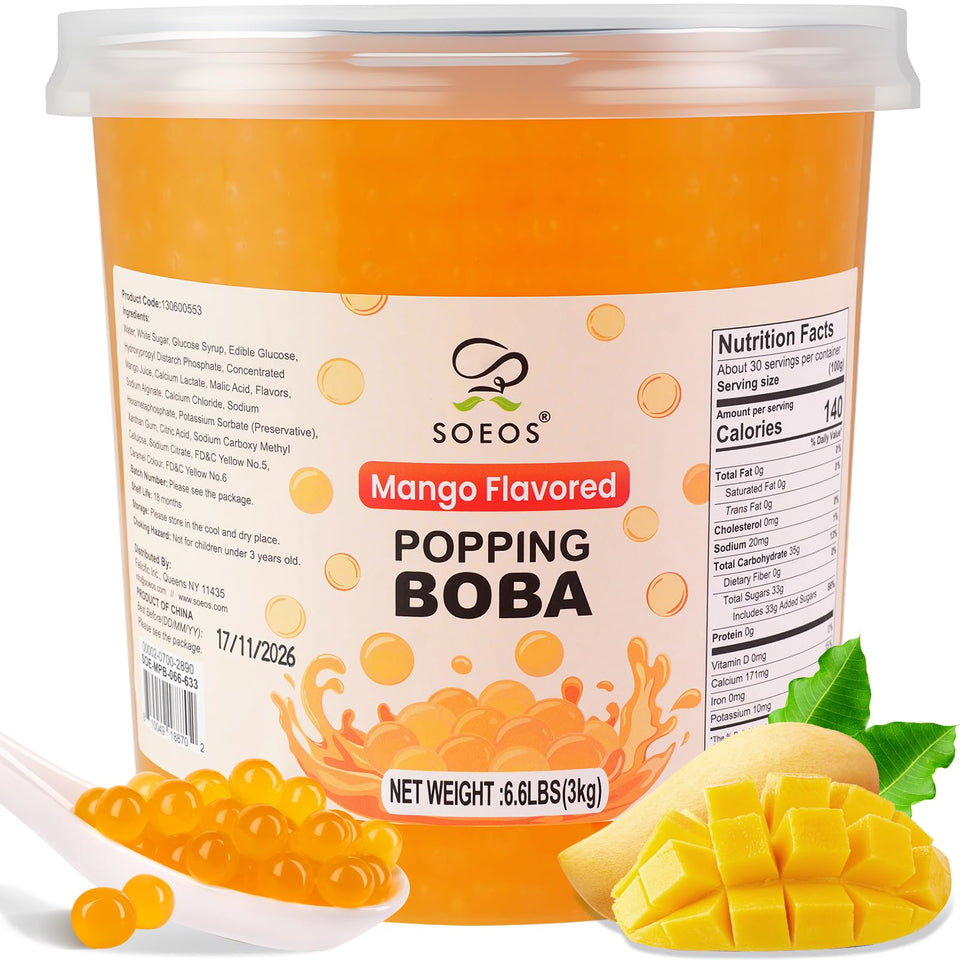 Soeos Mango Popping Boba Pearls 6.6 lb pack shot for drinks