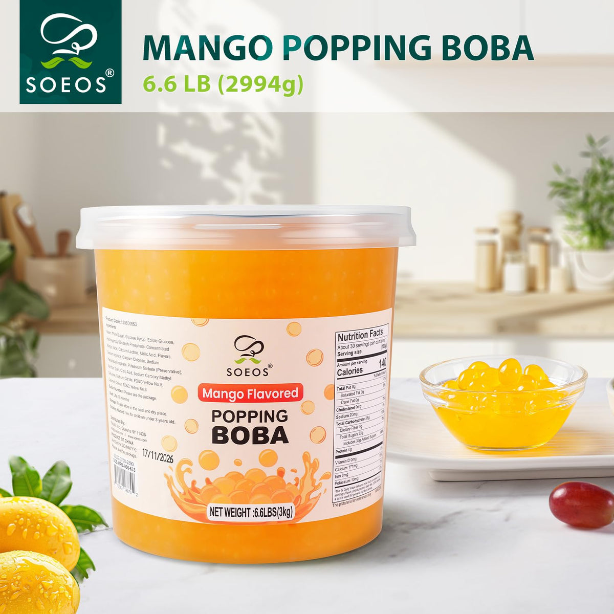 Close-up of juicy mango popping boba pearls with a bursting center.