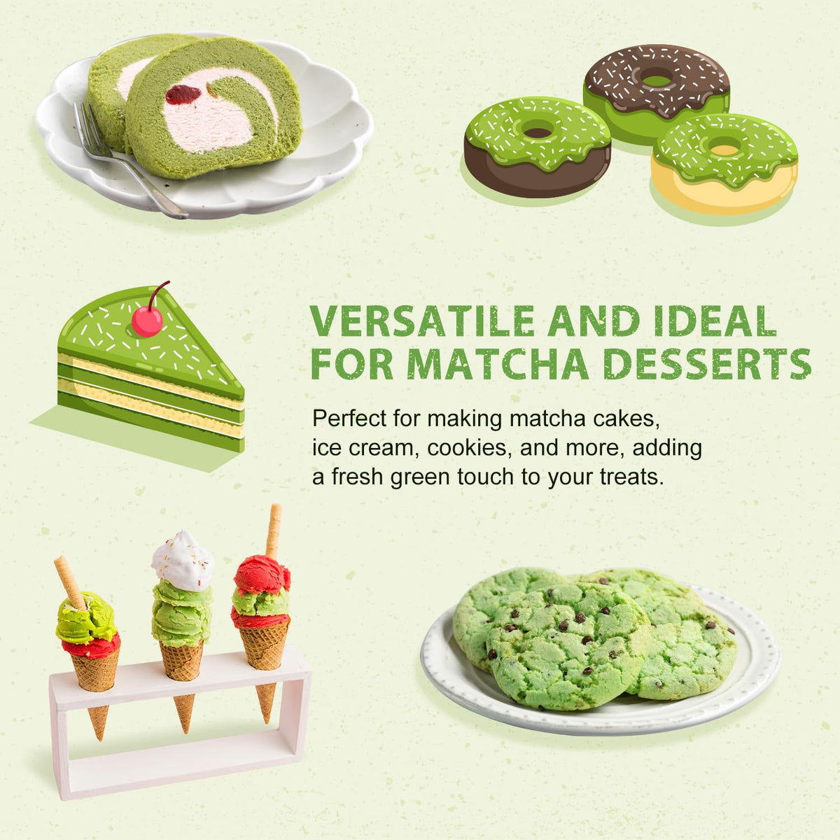 Soeos matcha ice cream topping with green swirls and depth of flavor.