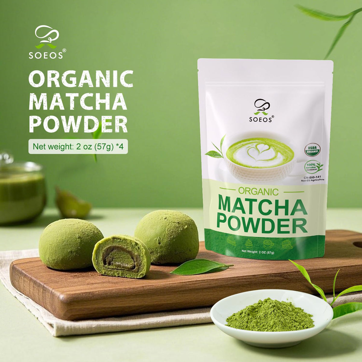 Soeos matcha latte with foam art showing creamy, earthy notes.