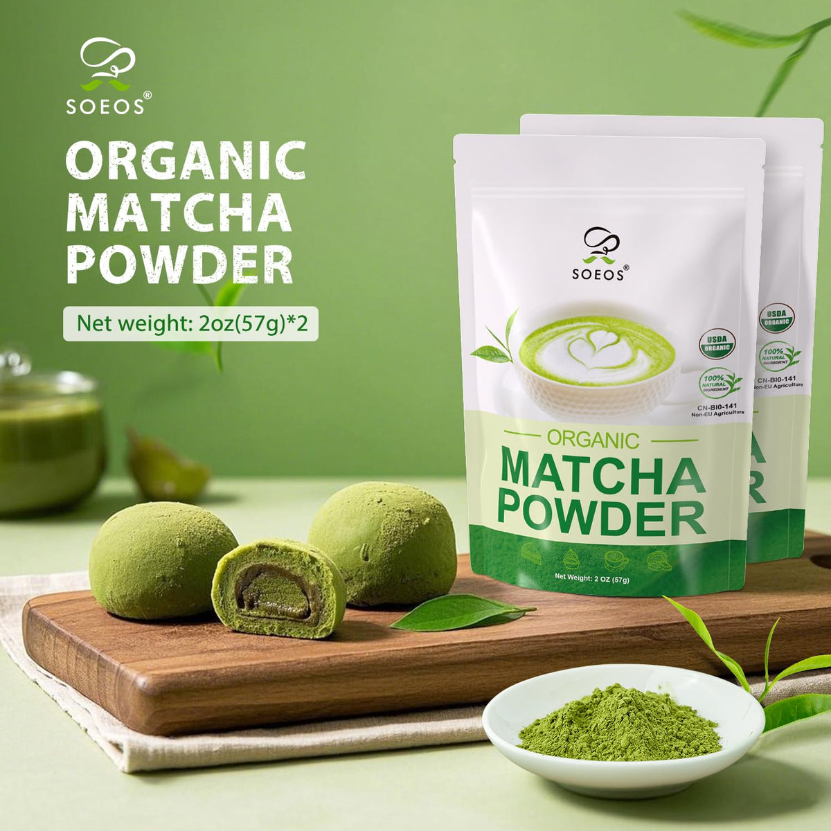 Soeos Matcha powder earth-toned closeup highlights natural flavor and smooth texture.