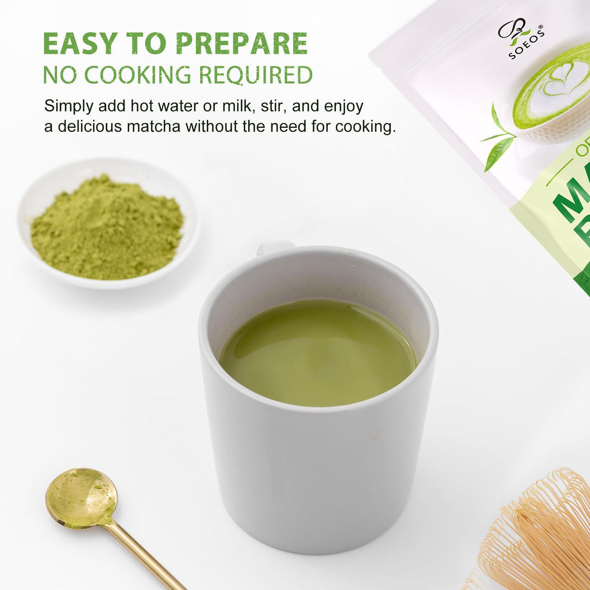 Soeos matcha tea cup with bamboo whisk ready for traditional preparation.