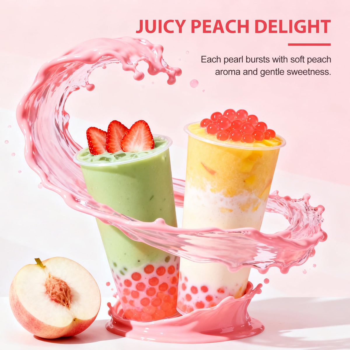 Soeos milk tea with peach pearls offering a fruity topping.