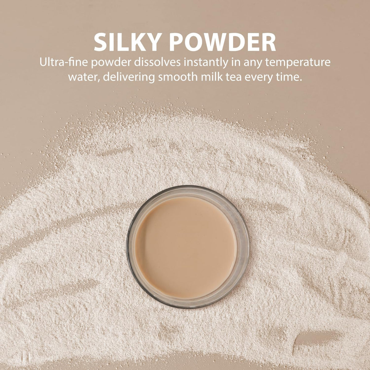 Pouring Soeos Milk Tea Powder into cup for a ready-to-mix beverage