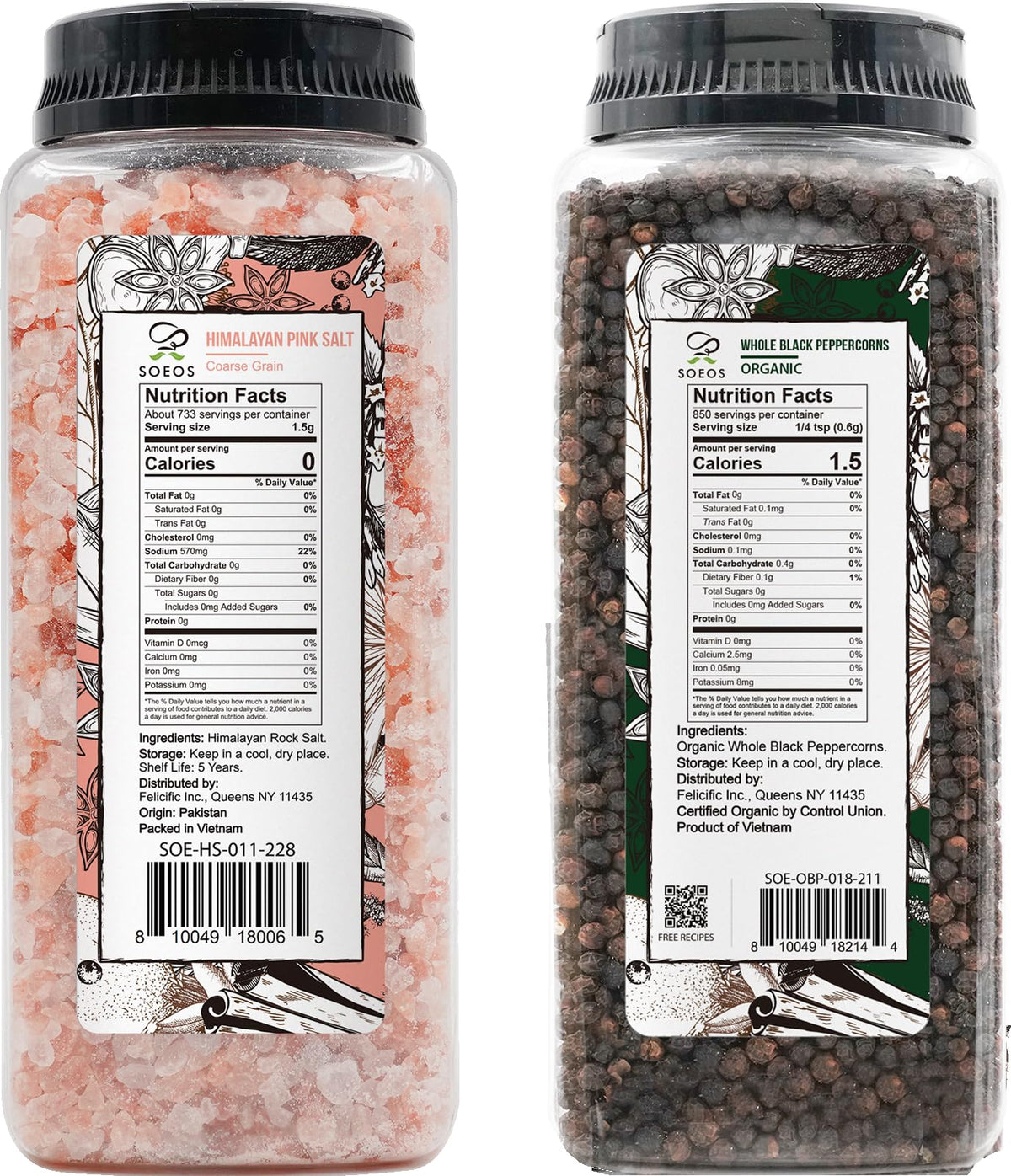 Soeos organic black peppercorns 18oz bottle delivers robust aroma for everyday grinding.