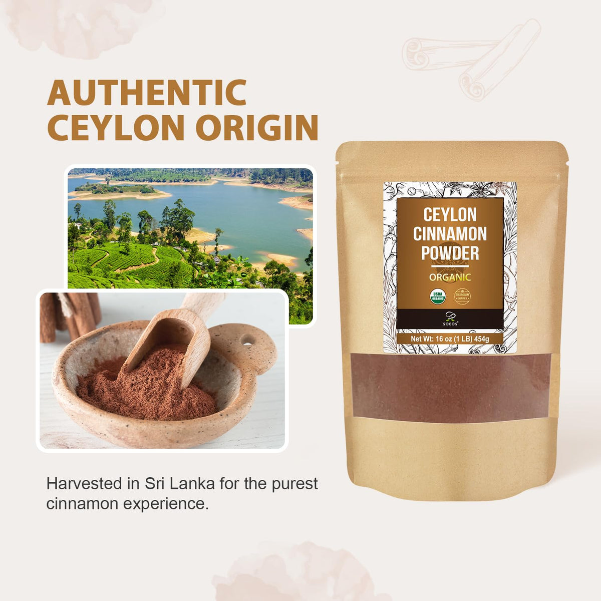 Soeos Organic Ceylon Cinnamon Powder jar on kitchen counter for fresh aroma