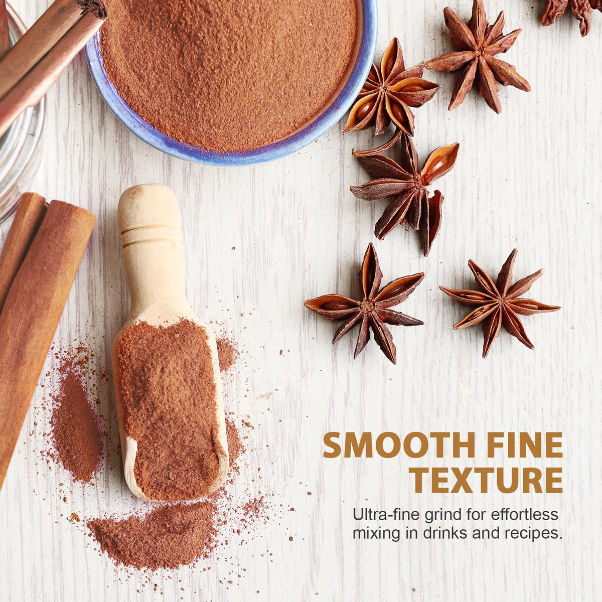 Soeos Organic Ceylon Cinnamon Powder pouring into teacup for cozy beverages