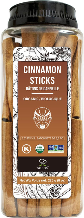 Soeos Organic Cinnamon Sticks 8 oz bottle shown, ideal for aromatic coffee and cozy baking.