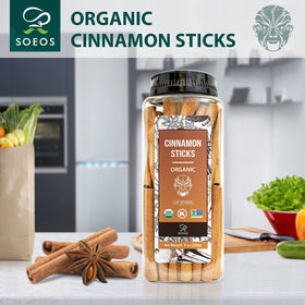 Soeos Organic Cinnamon Sticks in baking dish, adding warmth to desserts and sauces.
