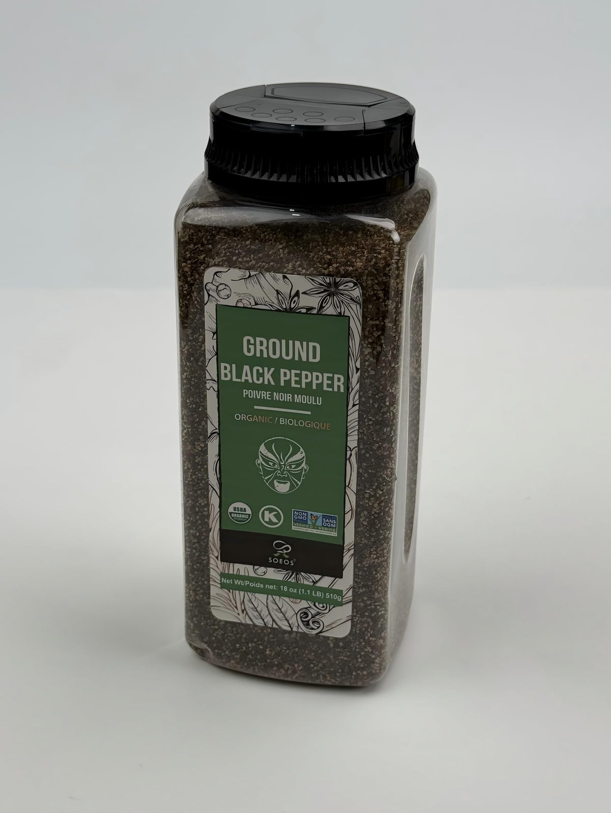 Soeos Organic Ground Black Pepper 18oz label highlights bulk value for refill use