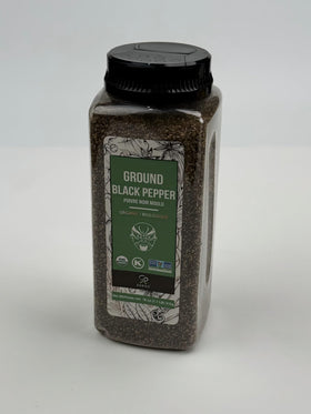 Soeos Organic Ground Black Pepper 18oz label highlights bulk value for refill use