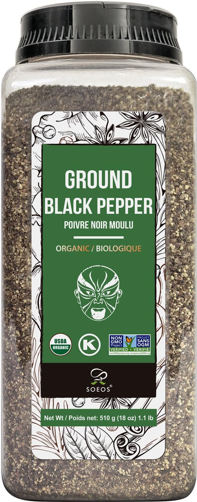 Soeos Organic Ground Black Pepper bottle packaging highlights freshness