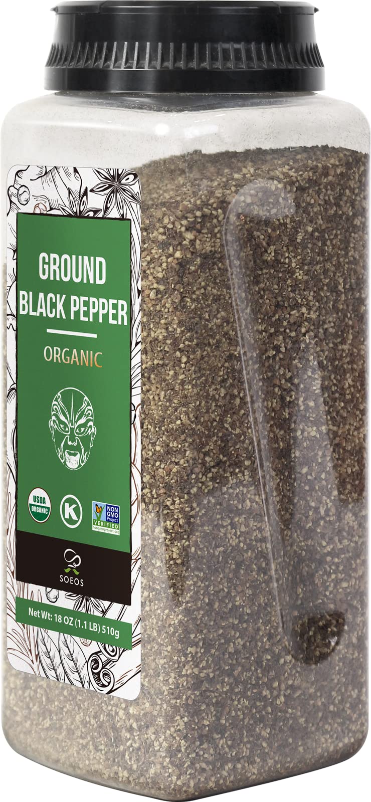 Soeos Organic Ground Black Pepper non-GMO badge emphasizes clean ingredient sourcing