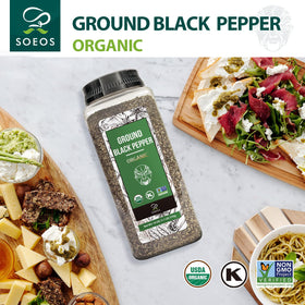 Soeos Organic Ground Black Pepper sealed bottle shows premium freshness for everyday cooking