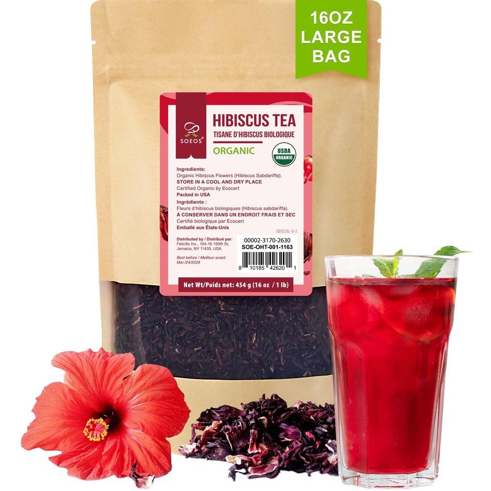 Soeos Organic hibiscus tea dried petals close-up showing vibrant crimson color for fresh infusions.