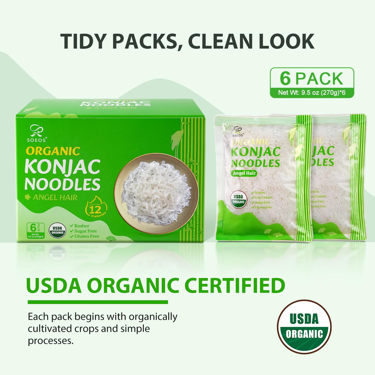 Soeos Organic Konjac Noodles Angel Hair close-up texture.