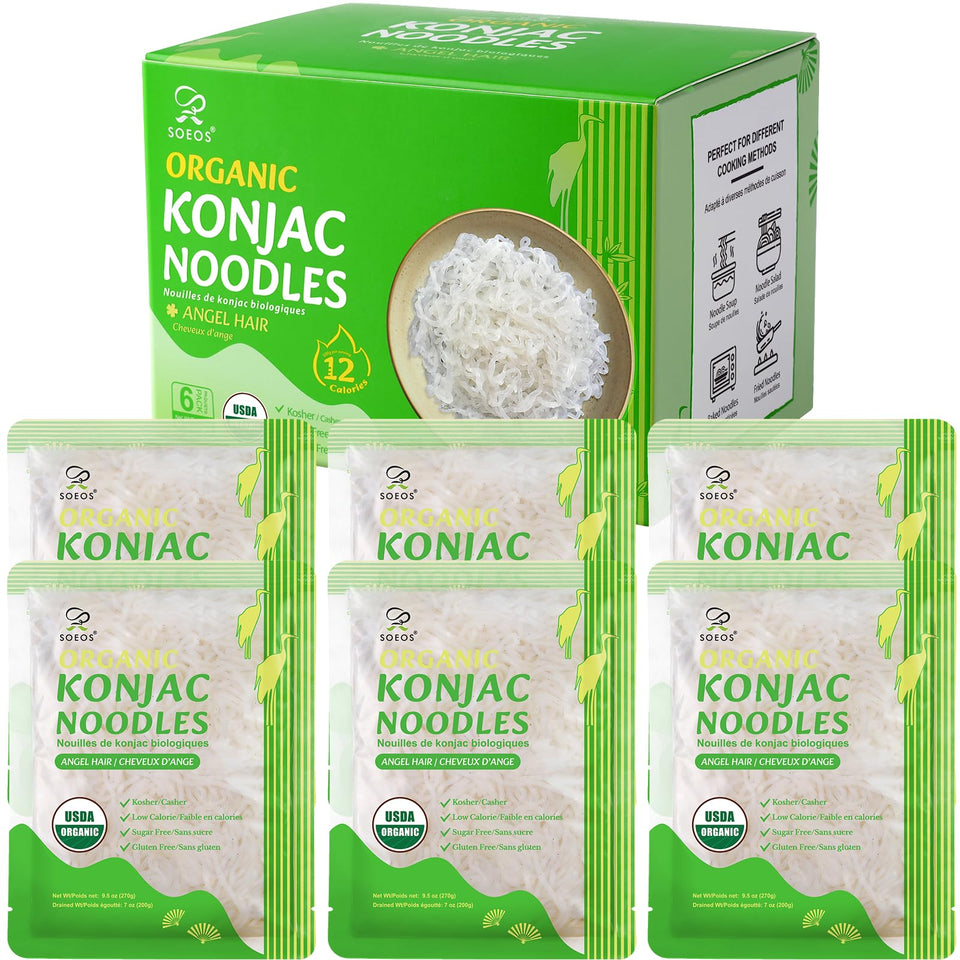 Soeos Organic Konjac Noodles Angel Hair Pack 6x250g, convenient low-calorie option.