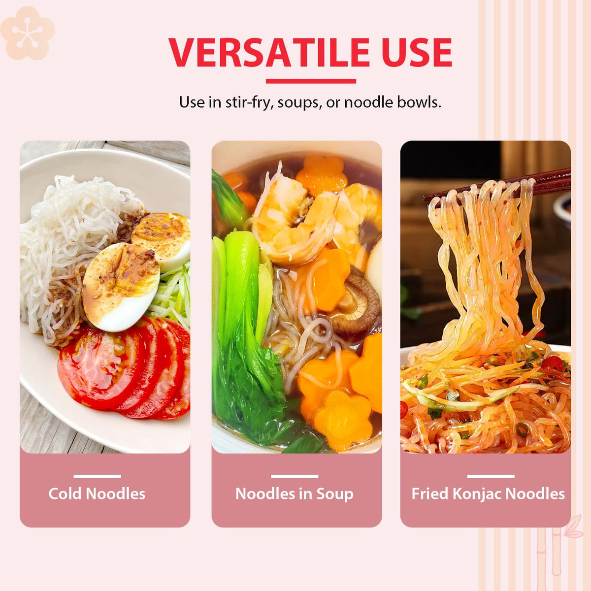 Soeos Organic Konjac Noodles neutral flavor ready to soak up sauces and broths.