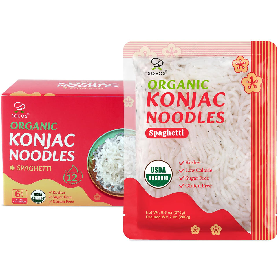 Soeos Organic Konjac Noodles spaghetti pack front view, ideal for quick, low-calorie meals.