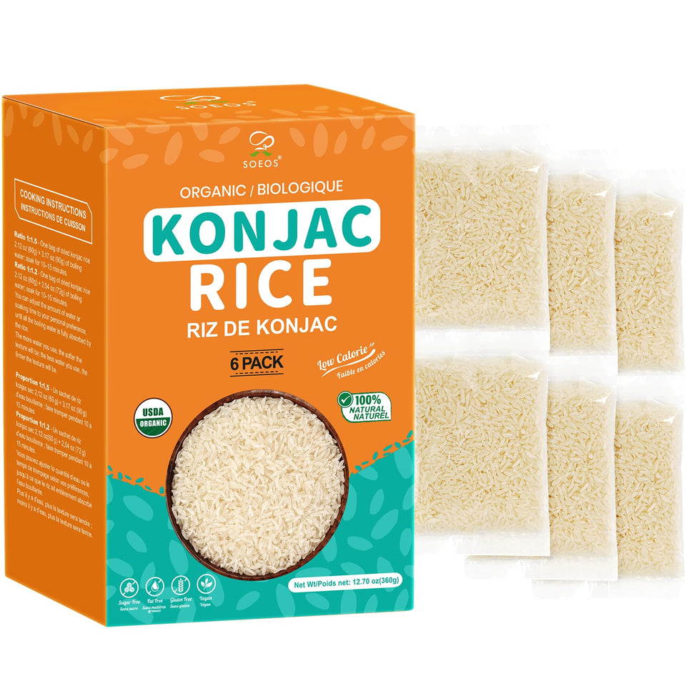 Soeos Organic Konjac Rice pack front view, ideal pantry staple for quick meals.