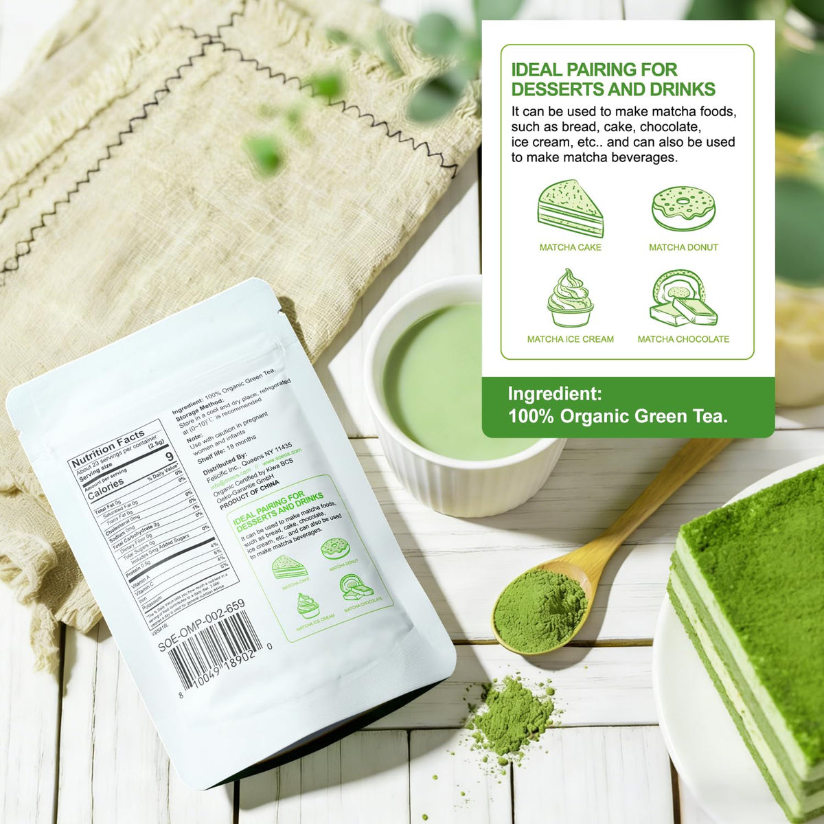 Close-up of fine-ground Soeos matcha powder for smooth blending.