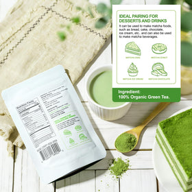 Close-up of fine-ground Soeos matcha powder for smooth blending.