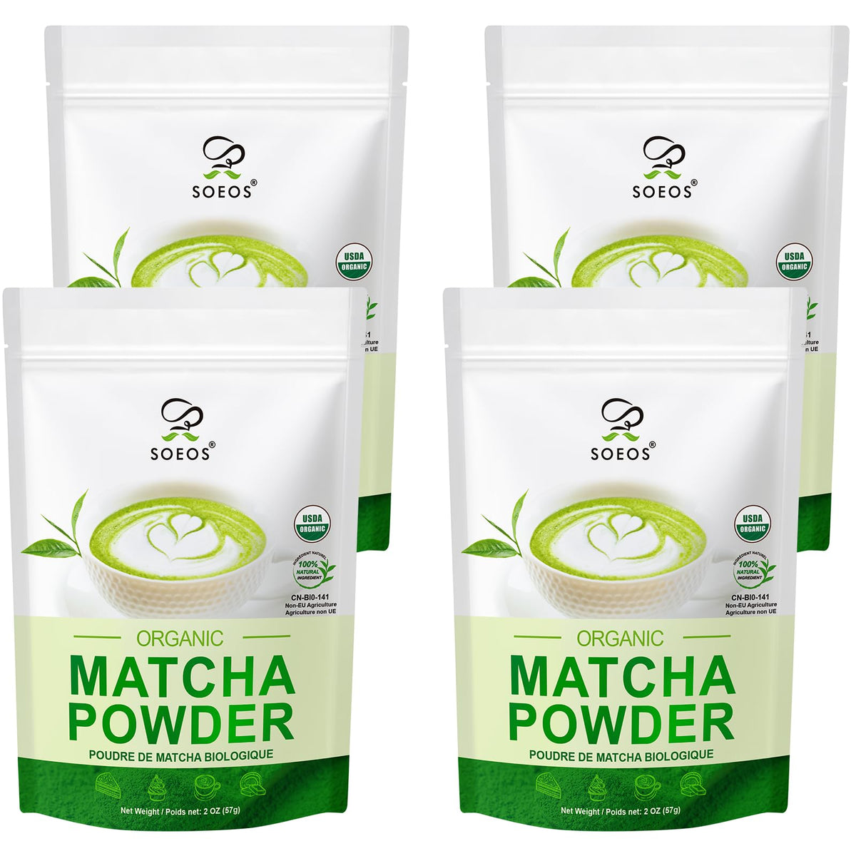 Soeos Organic Matcha packaging front showing recyclable bag and vibrant green color for everyday use.