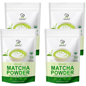 Soeos Organic Matcha packaging front showing recyclable bag and vibrant green color for everyday use.