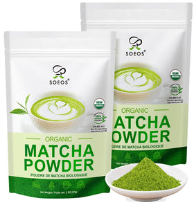 Soeos Organic Matcha Powder two bags front, ideal for quick lattes and smoothies.