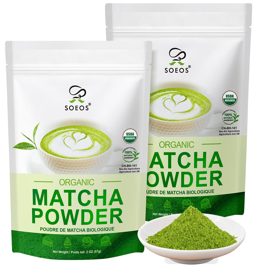 Soeos Organic Matcha Powder two bags front, ideal for quick lattes and smoothies.